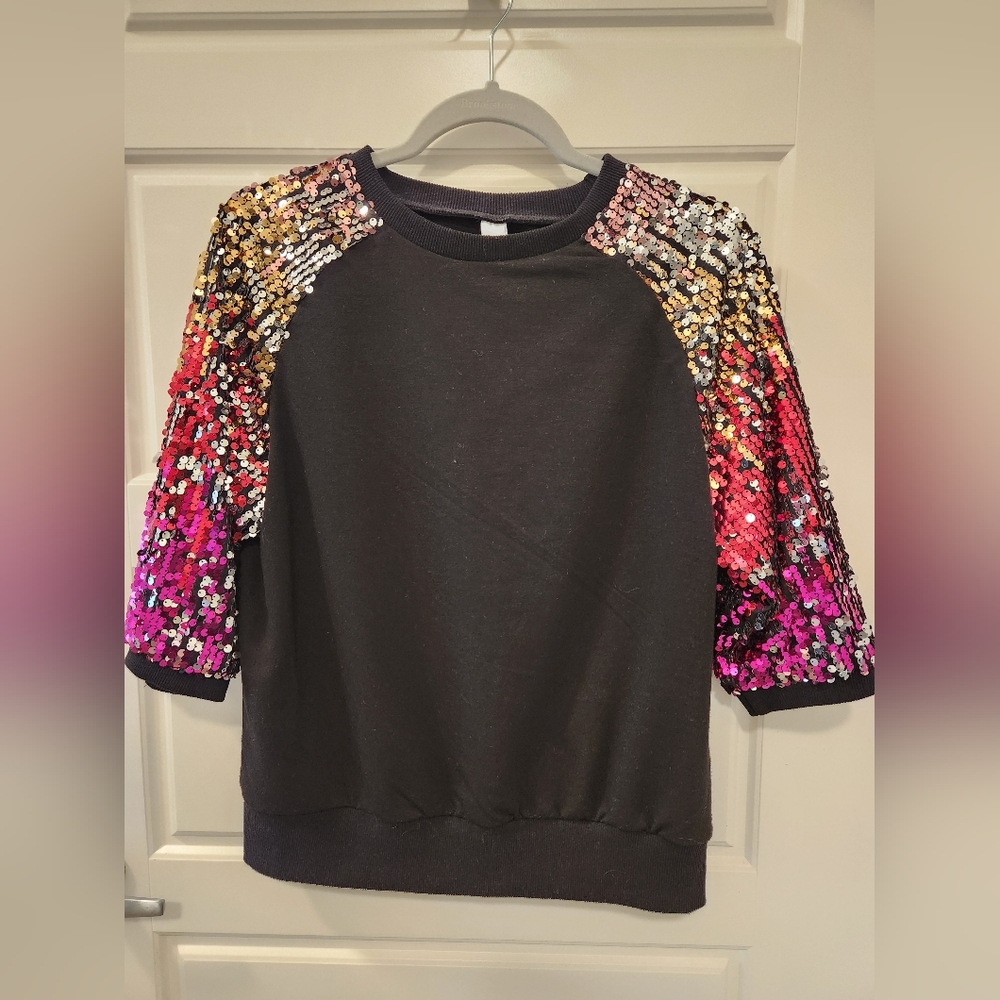 Black Sweatshirt with Multicolor Sequin Raglan Sleeves